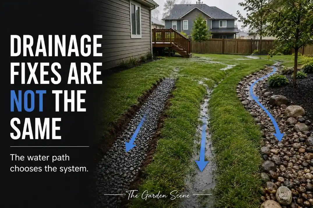 French drain, swale, and dry creek bed shown in a wet suburban backyard with arrows showing different water paths.