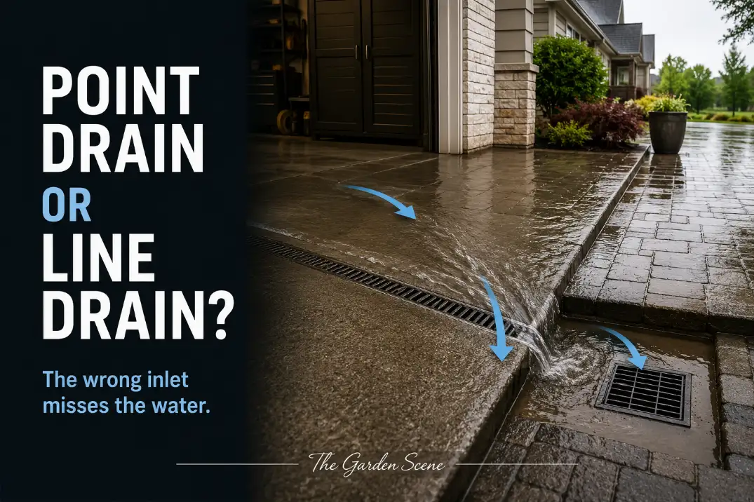 Catch basin and channel drain comparison showing line water crossing a garage apron and point water collecting in a patio low spot.