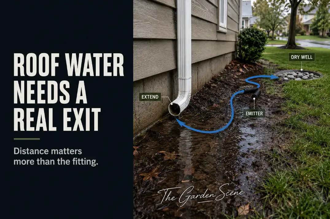 Downspout runoff sitting near a foundation with extension, emitter, and dry well options shown as simple drainage cues.