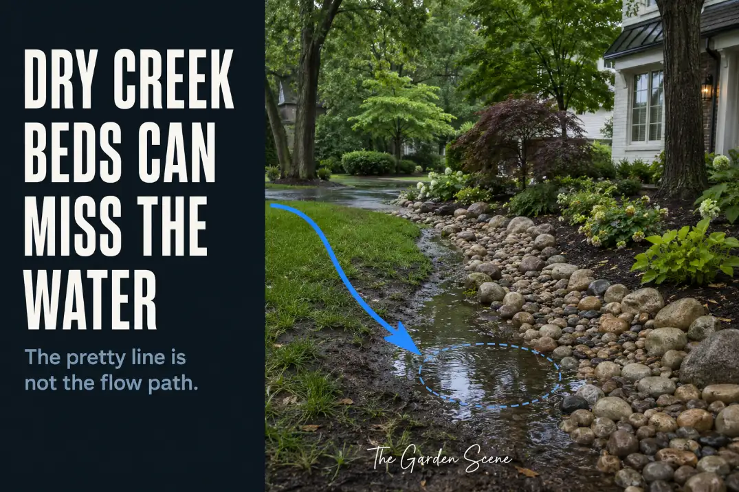 Dry creek bed missing the real water path while runoff pools beside the stone channel in a suburban yard.