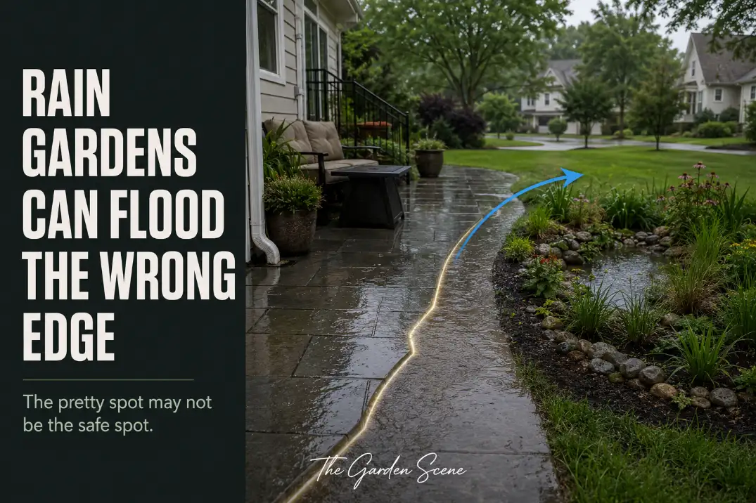 Rain garden near a patio and walkway with runoff missing the basin and collecting along the hardscape edge.