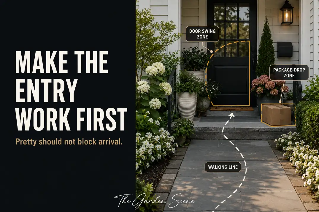Front entry usability idea showing a clear walking line, protected door swing, and side package drop zone at a suburban front door.