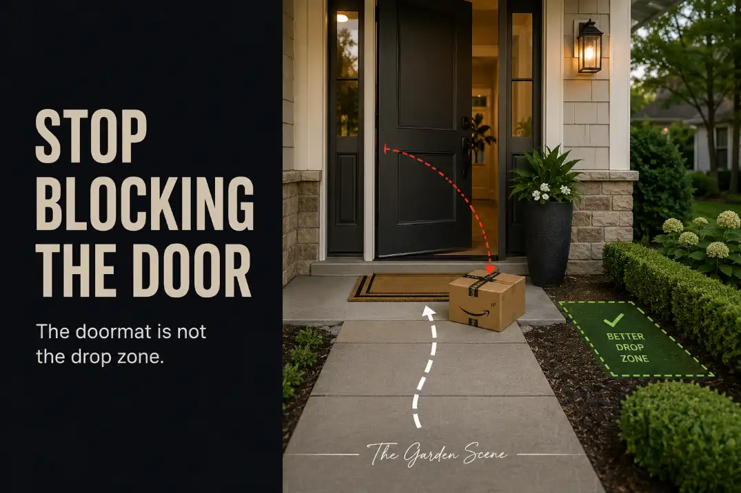 Front yard package delivery zone showing a box blocking the door swing and a better side drop area beside the entry.