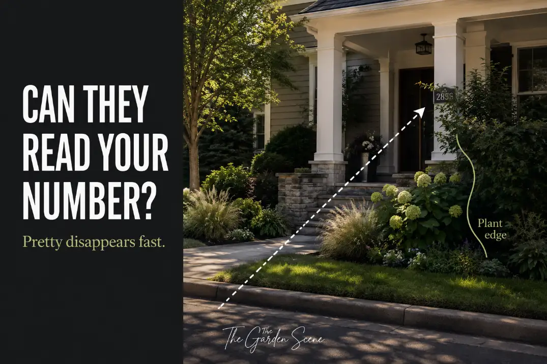 Curb view of a front yard house number partly hidden by shrub growth and porch shadow, showing poor address visibility from the street.