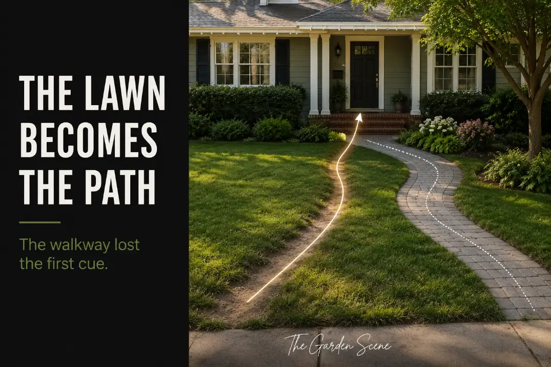 Suburban front yard with a worn lawn shortcut showing how the walkway loses the first visual cue to the front door.