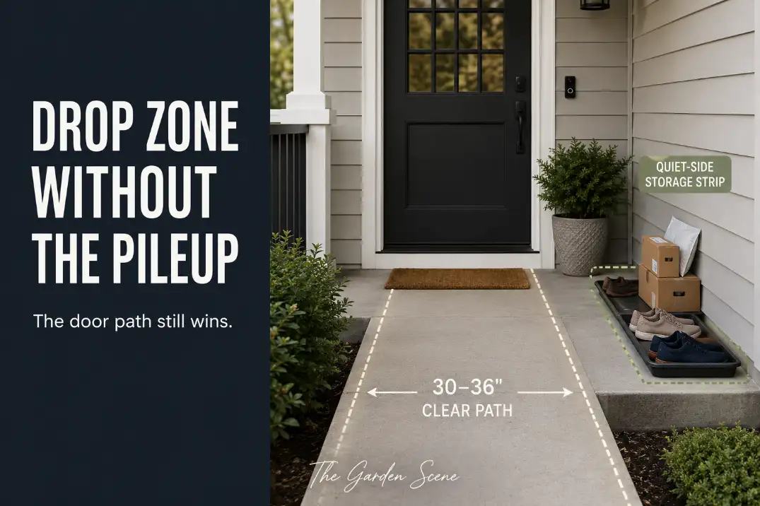 Small front porch drop zone with a raised shoe tray, side package landing, and planter kept outside a clear door path.