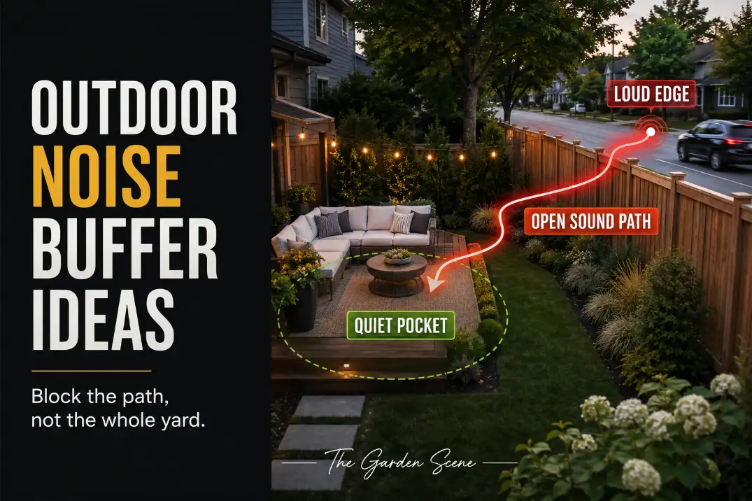 Suburban backyard seating area with a loud edge, open sound path, and quieter seating pocket for outdoor noise buffer ideas.
