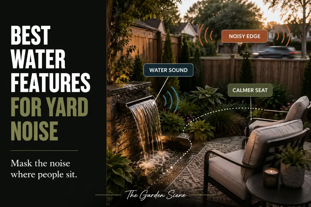 Outdoor water feature beside backyard patio seating softening noise from a nearby fence and street edge.