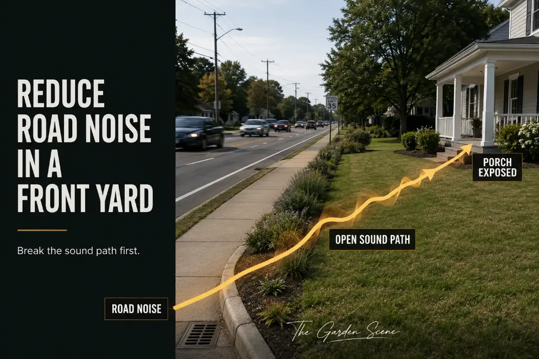 Suburban front yard beside a busy road showing an open sound path from the curb toward an exposed porch.