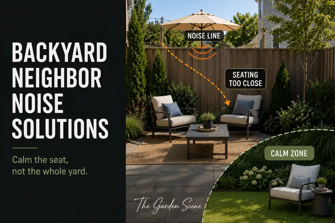 Backyard seating area near a shared fence showing neighbor noise traveling directly into the patio seating zone.