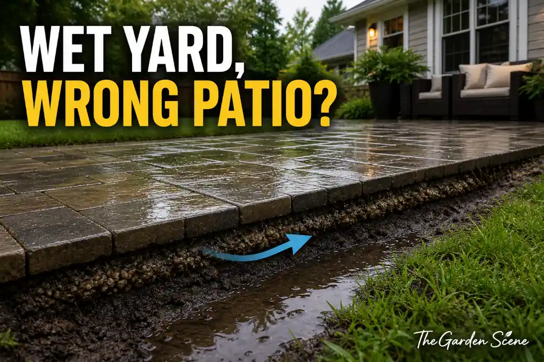 Wet backyard patio with puddles and a cutaway showing saturated base material under pavers.