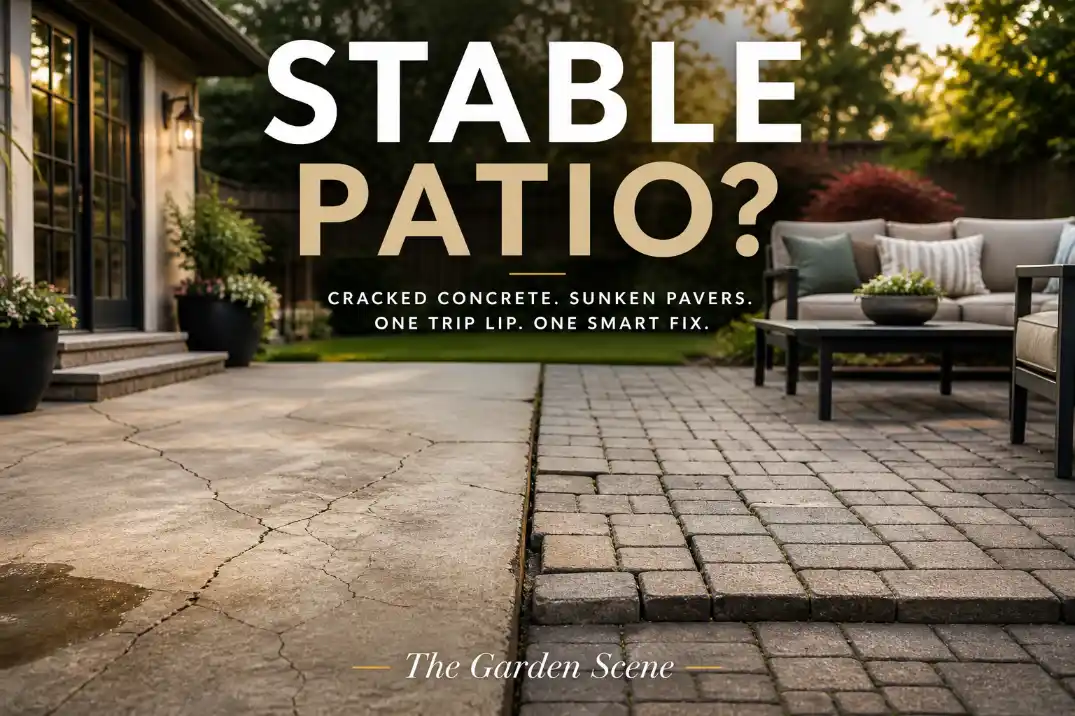Premium cover image showing cracked concrete and slightly sunken pavers with bold text about patio stability and The Garden Scene signature.