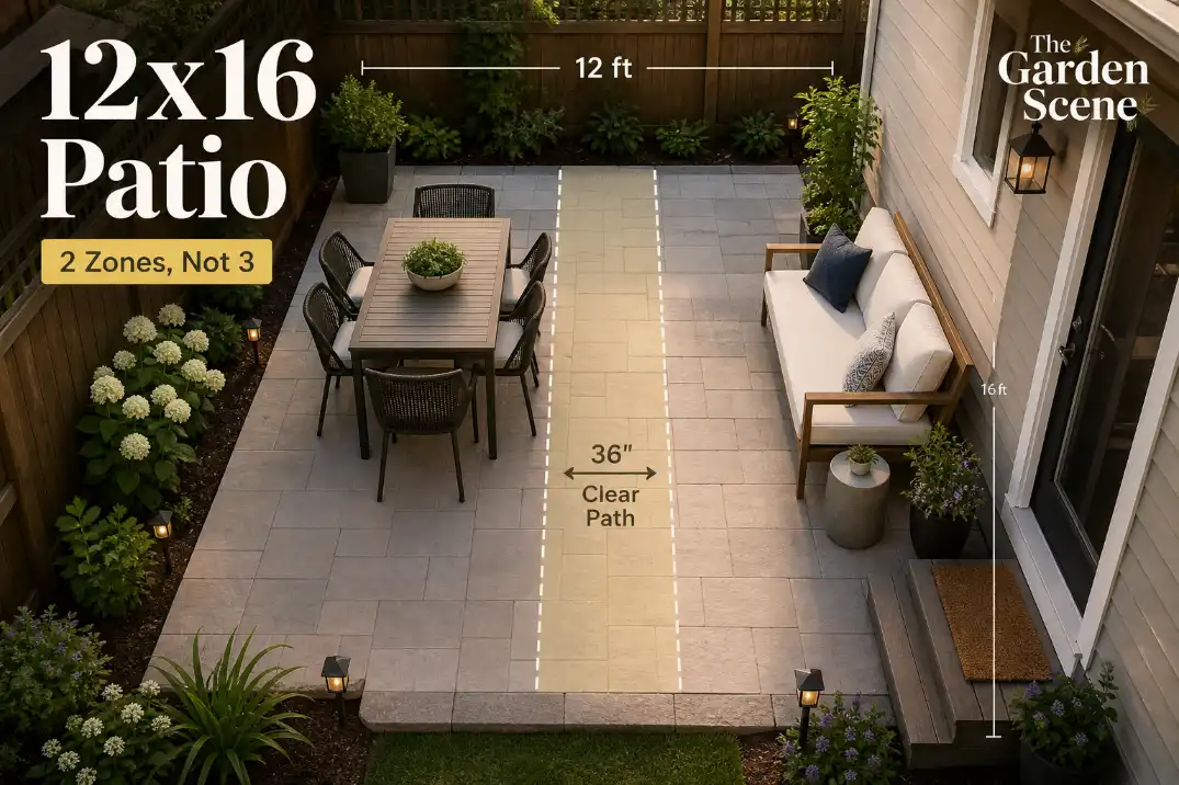 Four 12x16 patio furniture layout ideas showing dining-first, lounge-first, grill-and-dining, and open-center arrangements with The Garden Scene branding