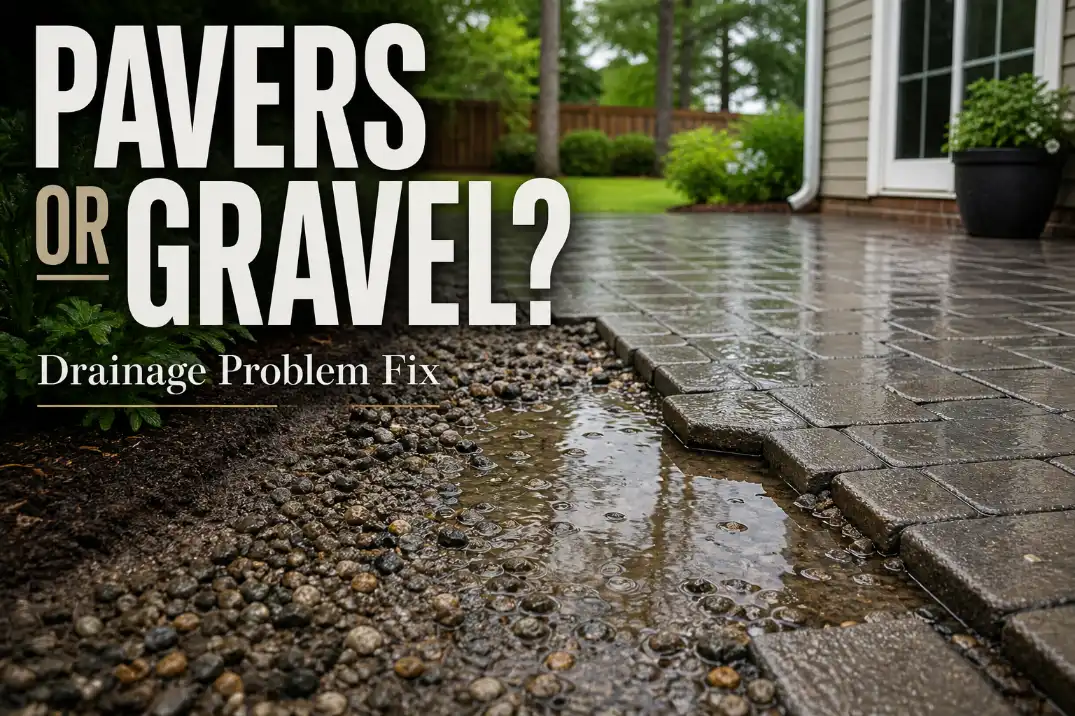 Backyard with standing water between gravel and pavers comparing pavers or gravel for drainage problems.