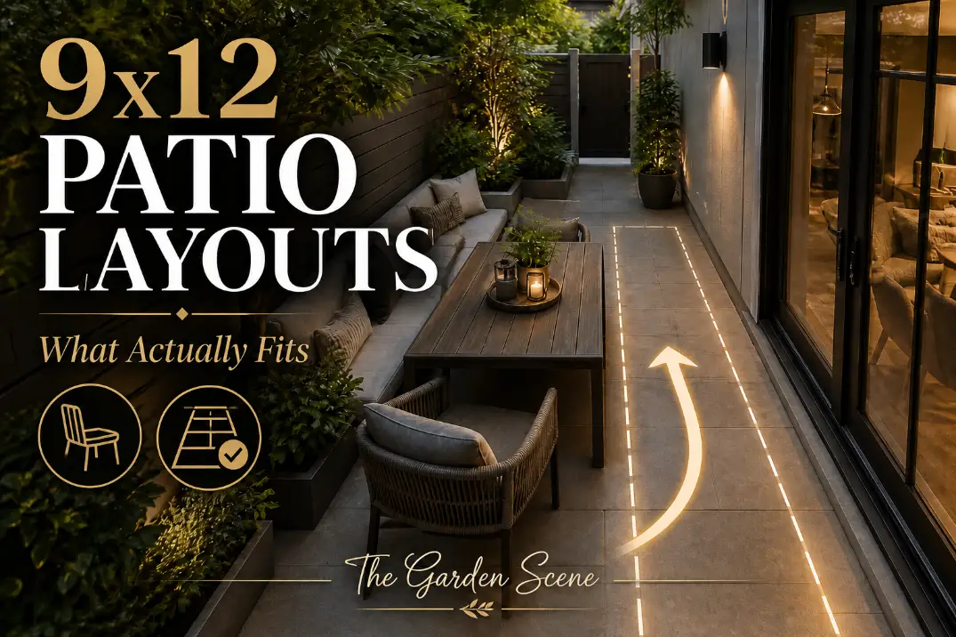 Premium cover image showing cramped and workable 9x12 patio furniture layouts with a clear 36-inch walking lane.