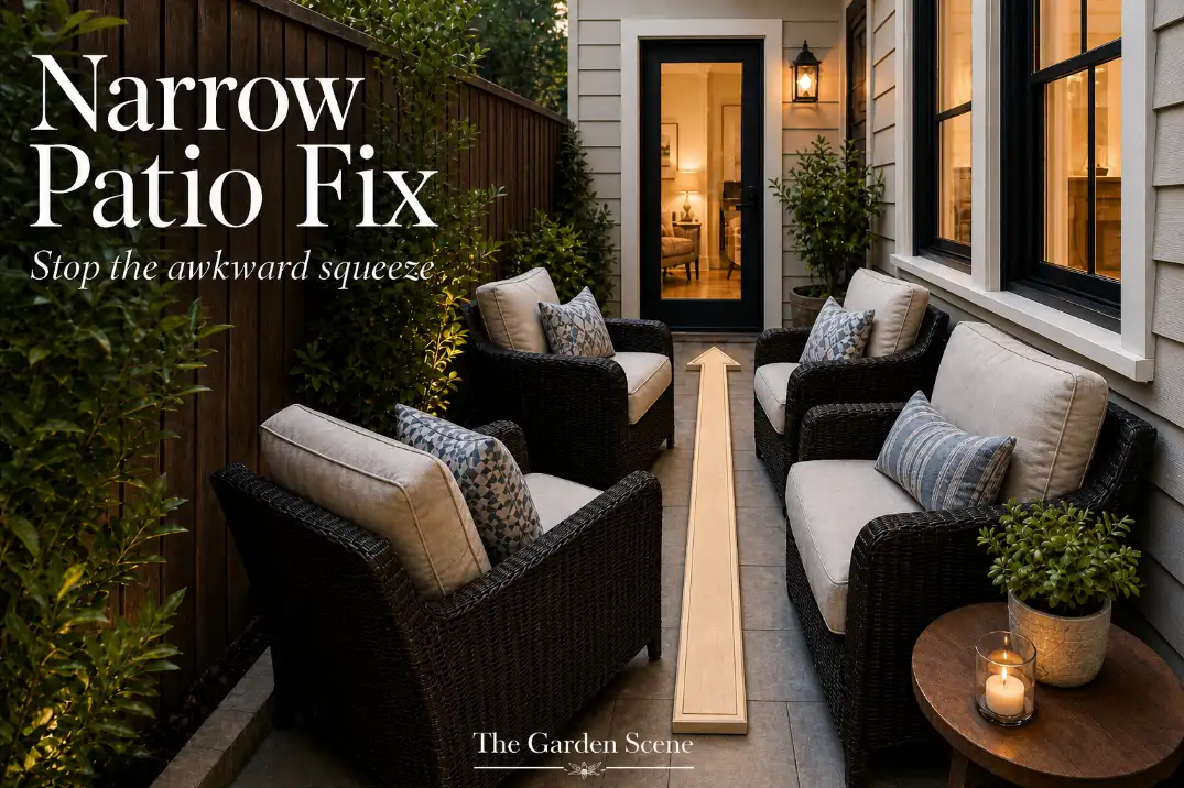 Long narrow patio with bulky chairs crowding the walkway and premium overlay text reading Narrow Patio Fix.