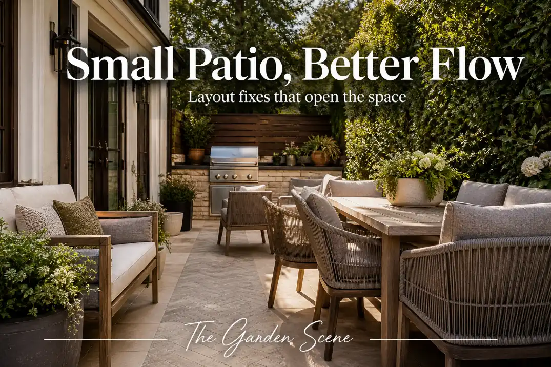 Small rectangular patio with bold editorial text showing furniture blocking the walking path and a clearer layout direction.