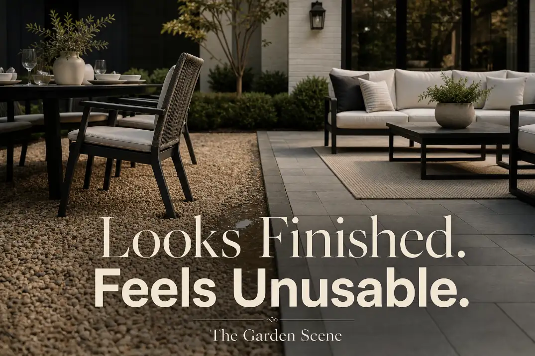 Backyard patio surface choice affecting usability, with dining chairs sinking into loose gravel beside a stable paver seating area.