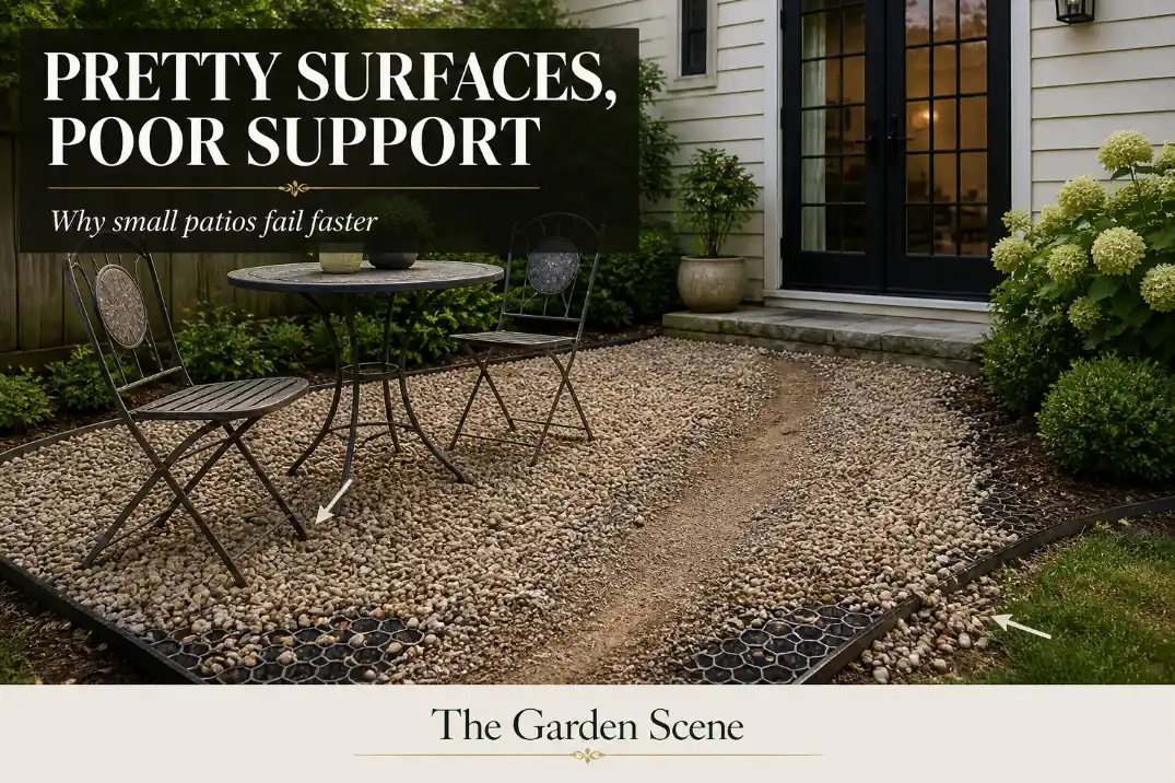 Premium editorial image of a small backyard patio with loose gravel, sinking chair legs, and cover text explaining why weak patio surfaces fail under heavy use.