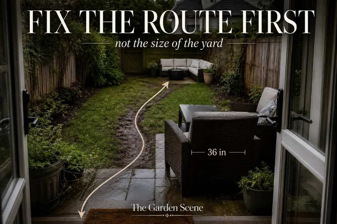 Premium editorial backyard cover image showing cramped patio furniture, a muddy shortcut, and the message Fix the Route First with a 36-inch clearance cue.