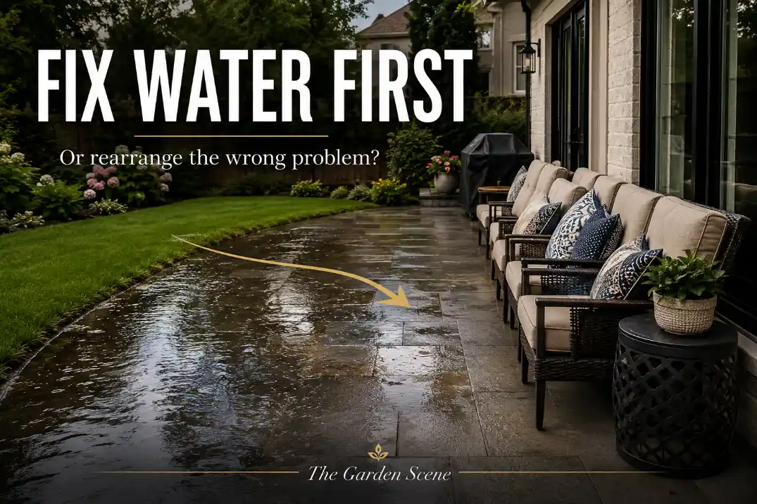 Premium editorial backyard patio visual showing water pooling near seating with text reading Fix Water First and runoff arrows explaining the drainage layout conflict.