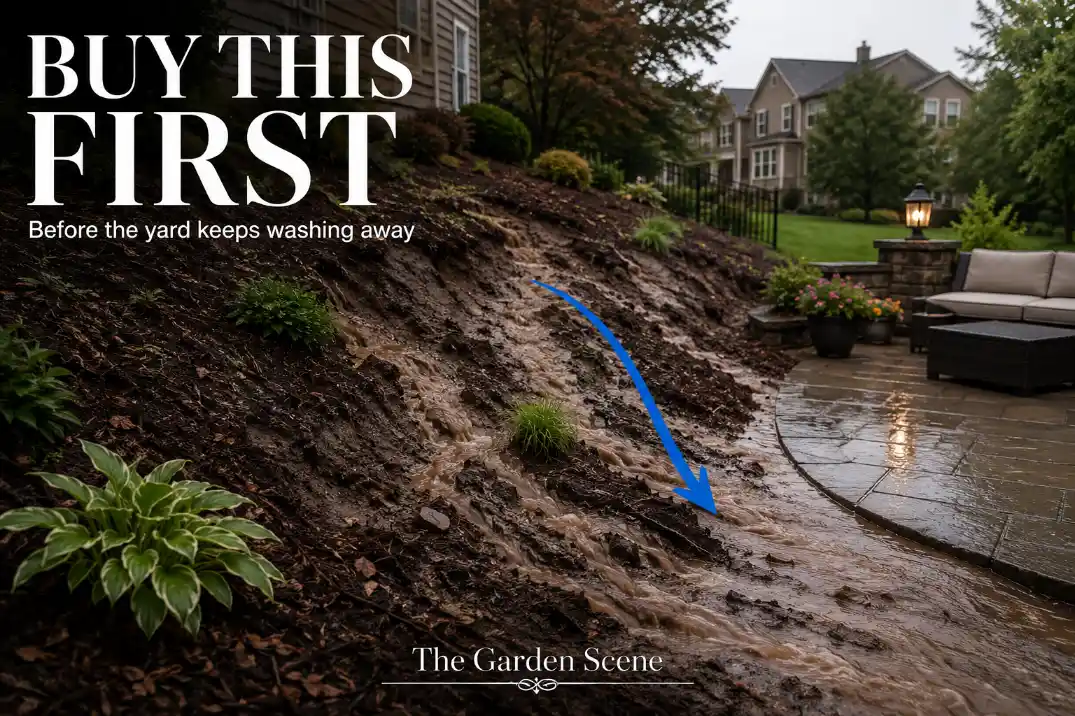 Premium cover image showing backyard runoff washing soil toward a patio with text explaining what drainage product to buy first