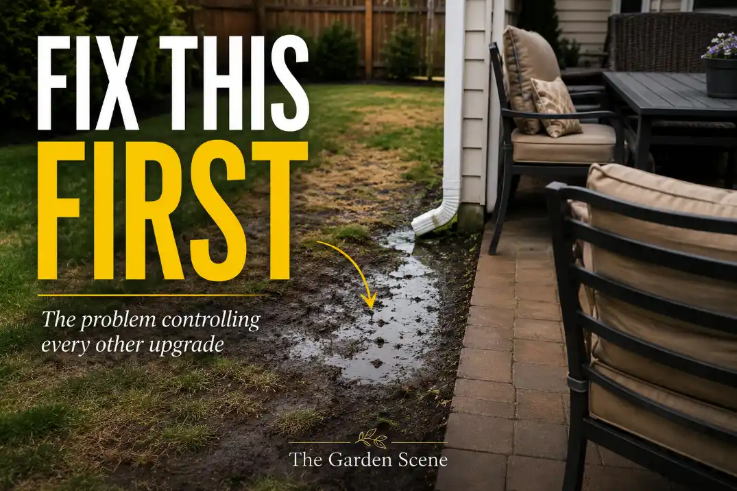 Small backyard cover image showing a muddy drainage problem marked as the first repair priority before layout, planting, or furniture upgrades.