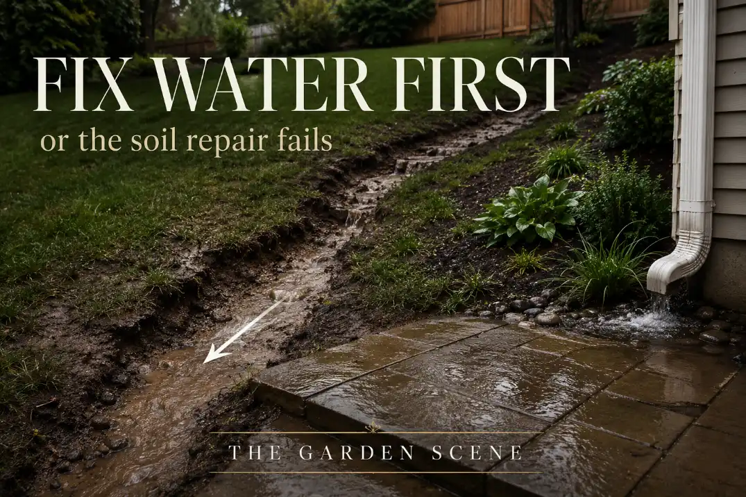Sloped backyard with muddy runoff crossing a patio and premium overlay text explaining to fix water before repairing erosion.
