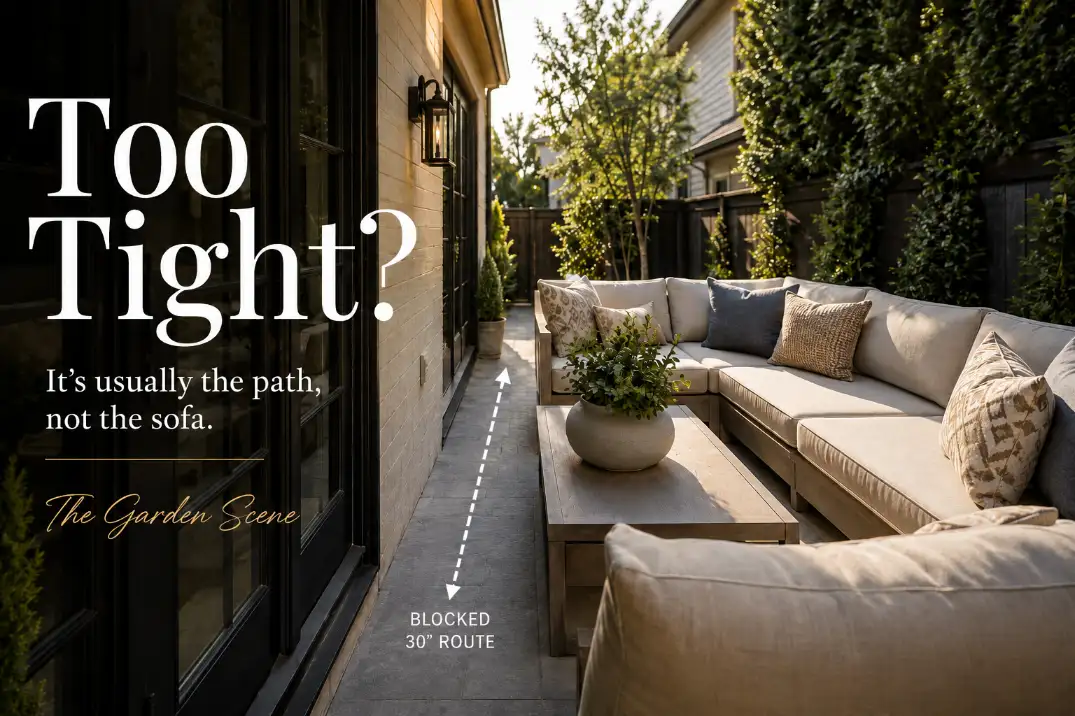 Premium cover image of a small patio sectional layout blocking the main walking path, with text explaining that the issue is usually the path, not the sofa.