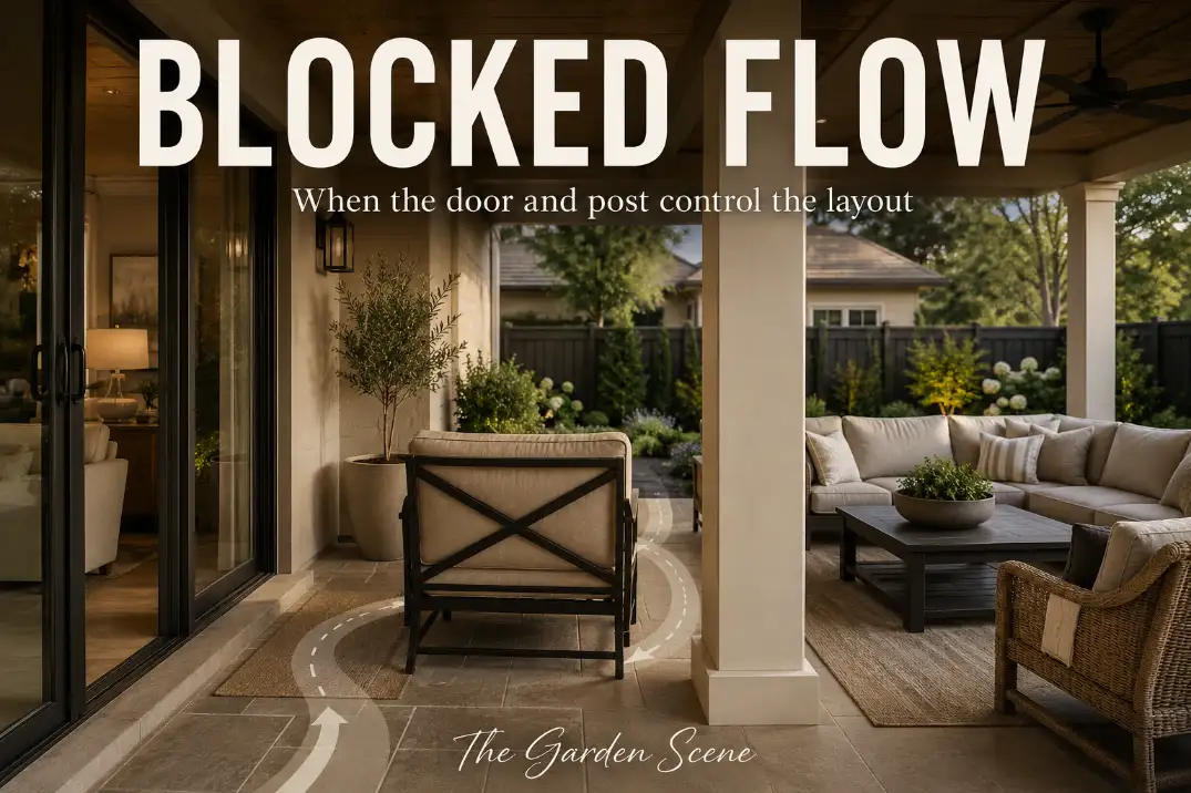 Covered patio furniture layout with bold text showing blocked flow around a sliding door and support post.