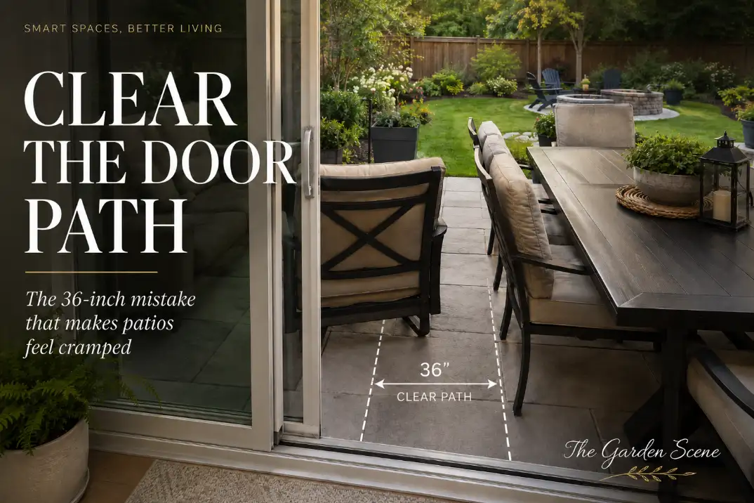 Premium patio layout cover image showing furniture blocking the active sliding glass door path with a 36-inch clear walkway guide.
