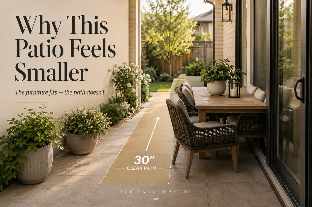 Premium patio furniture layout cover showing chairs blocking the door-to-yard walkway with text explaining why the patio feels smaller.