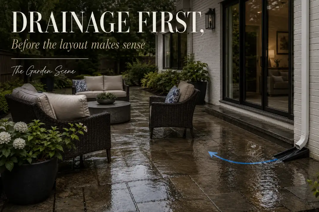 Premium patio drainage cover showing water pooling near the house with bold Drainage First text and The Garden Scene signature