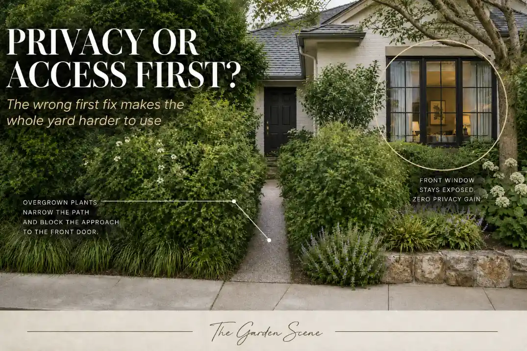 Premium editorial cover showing a front yard where privacy shrubs crowd the walkway while the front window remains exposed.