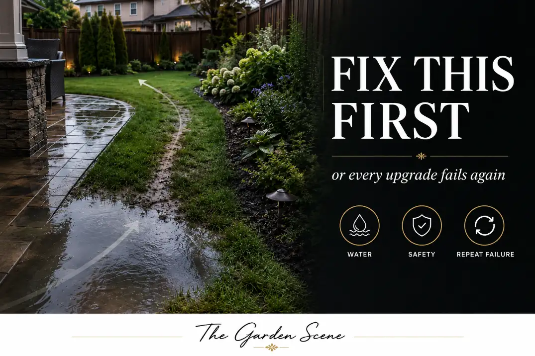 Premium backyard cover visual showing standing water, a muddy path, and bold text explaining which backyard problem to fix first.