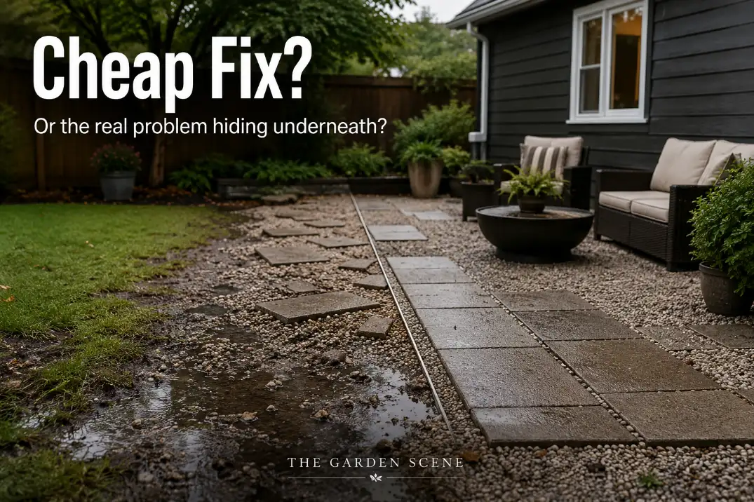 Premium editorial backyard cover showing a cheap gravel and paver fix failing with puddles, shifting pavers, and text asking whether the real problem is underneath.