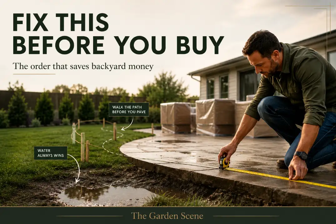 Premium backyard planning cover showing a homeowner measuring a damp patio area with text reading “Fix This Before You Buy.”
