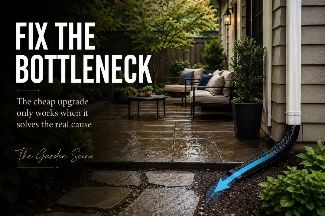 Premium editorial cover showing a wet backyard patio edge, downspout extension, clear walking path, and text reading Fix The Bottleneck.