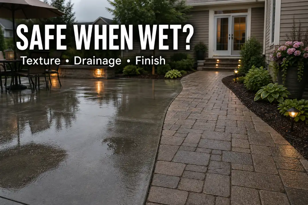 Wet family backyard patio comparing a shiny sealed concrete area with a matte textured paver walking path.