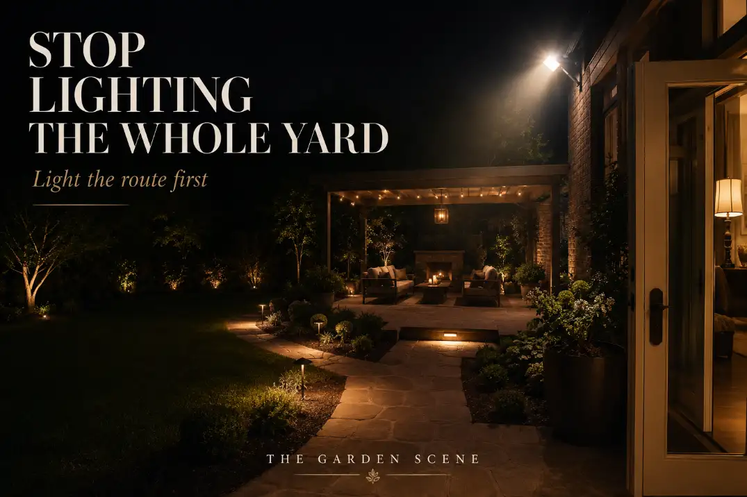Premium backyard patio lighting cover showing why route lighting, step lighting, and warm layered light work better than one harsh floodlight.
