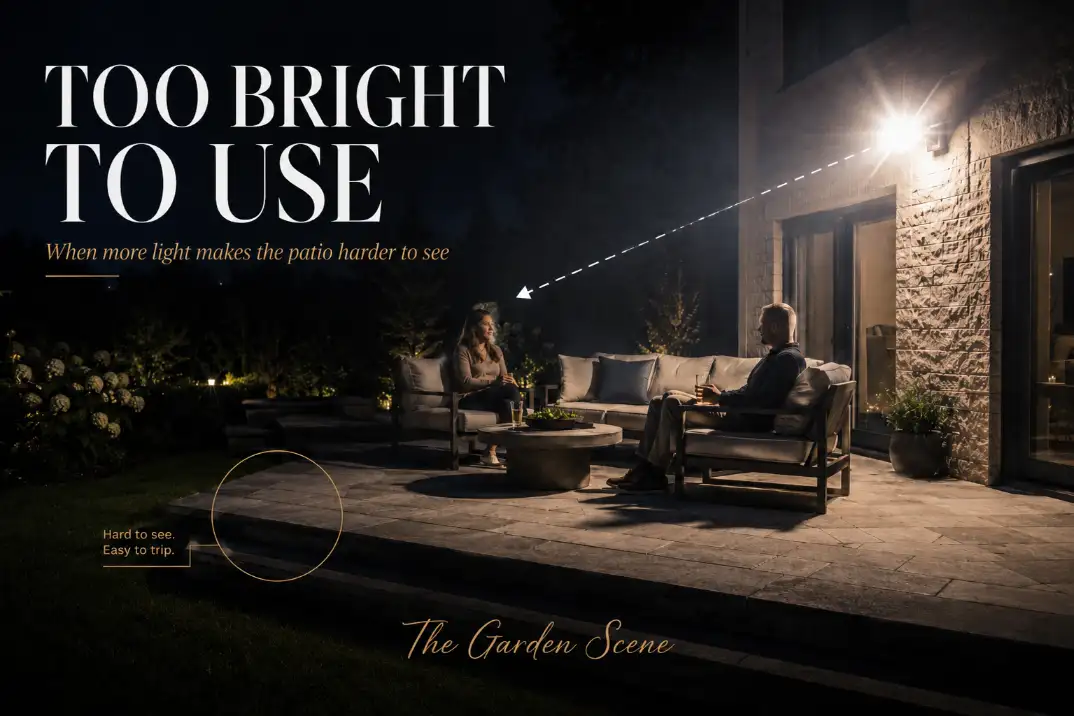 Premium backyard lighting cover showing harsh floodlight glare and a dark patio step edge with the headline Too Bright to Use