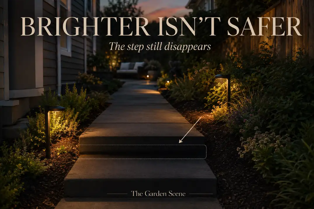 Premium backyard path lighting cover showing a shadowed step edge with bold text explaining that brighter lights do not always make steps safer