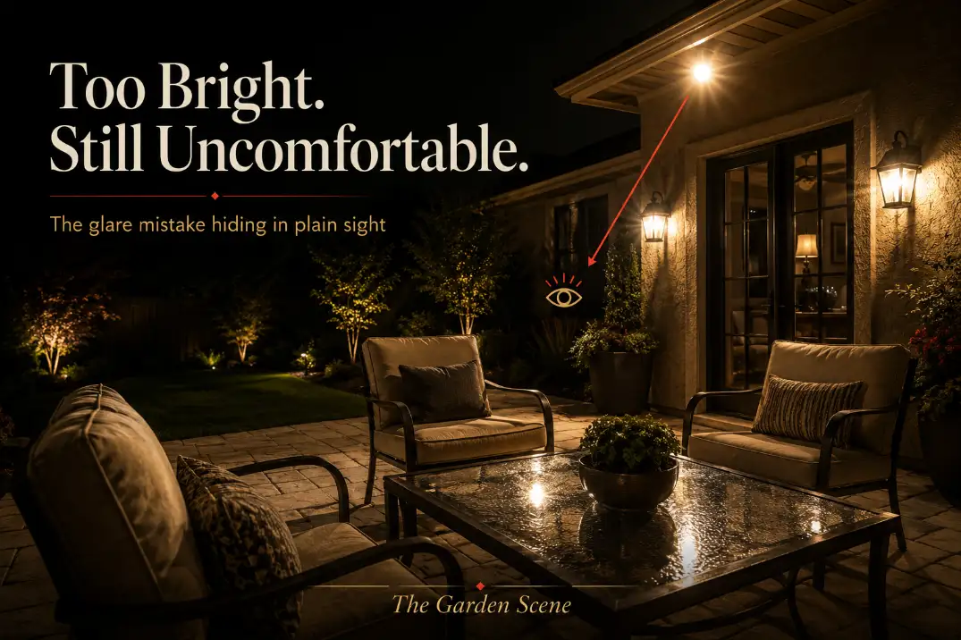 Premium patio lighting cover showing exposed bulbs causing glare with text explaining why a bright patio can still feel uncomfortable