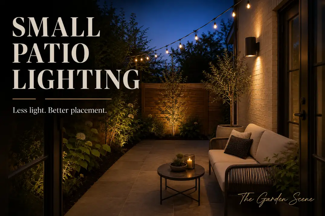 Premium cover image of a small patio using warm shielded lighting and clear floor space to avoid a cluttered lighting layout.