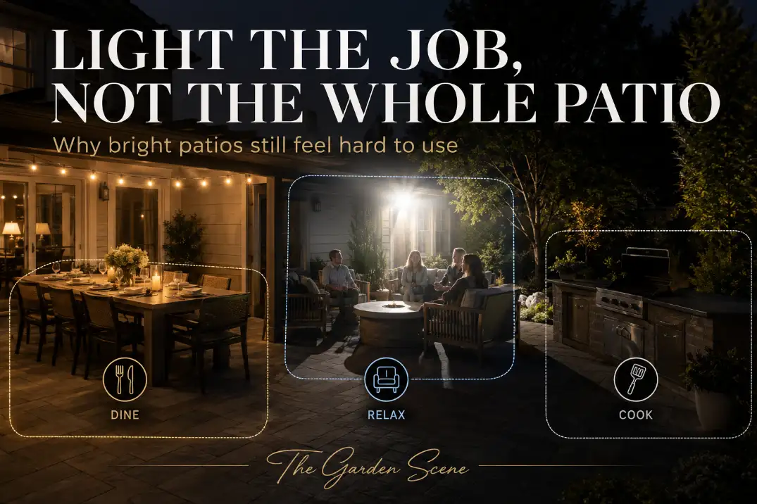 Premium patio lighting cover showing dining, lounge, and grill zones with glare in the seating area and weak task light at the grill.