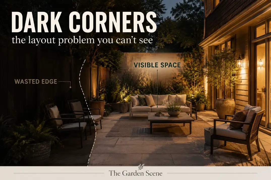 Premium backyard lighting cover showing a dim corner making patio furniture layout feel crowded at night