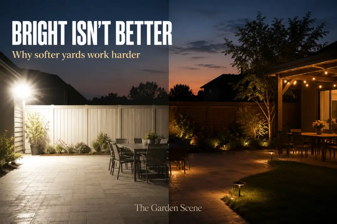 Premium backyard lighting cover showing harsh overlighting compared with soft shielded lighting, with text saying Bright Isn’t Better.