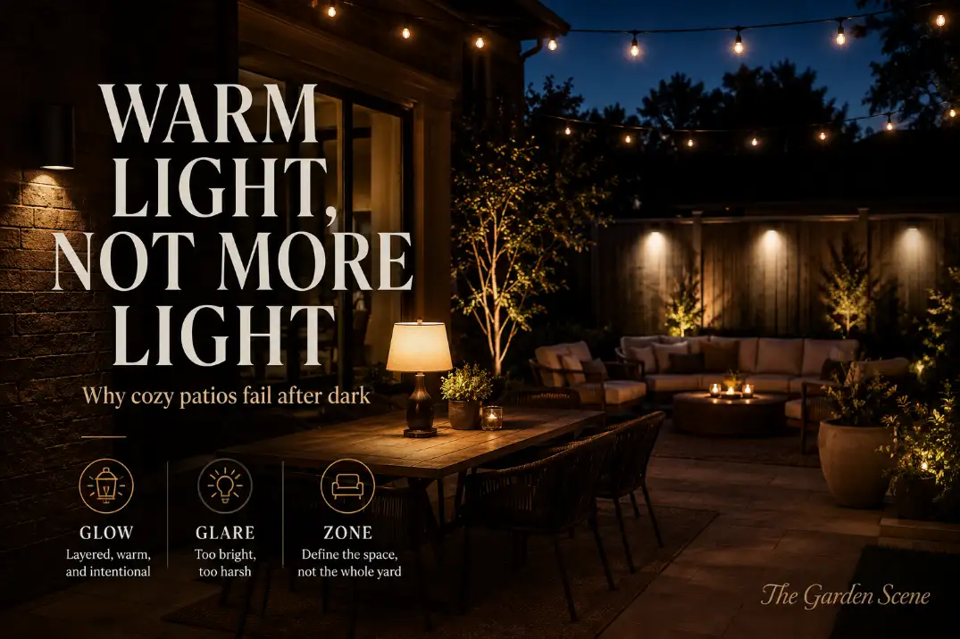 Premium patio lighting cover showing warm layered lights, reduced glare, and bold text reading warm light not more light.