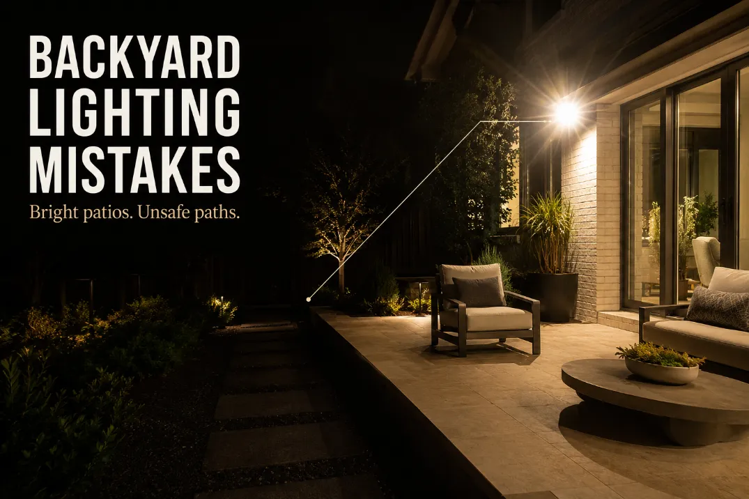 Premium editorial cover image showing a bright backyard patio with glare while the step and walkway remain dark and unsafe