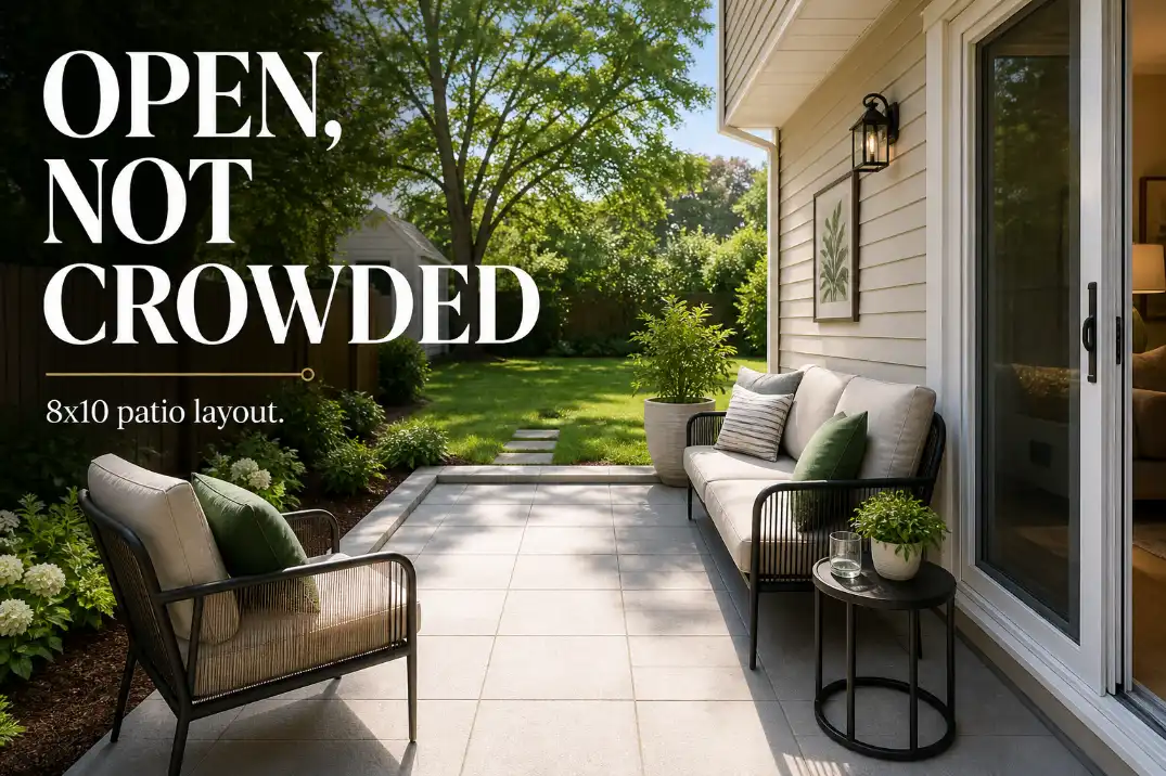 8x10 patio furniture layout with edge seating, an open center walkway, and text reading open not crowded.